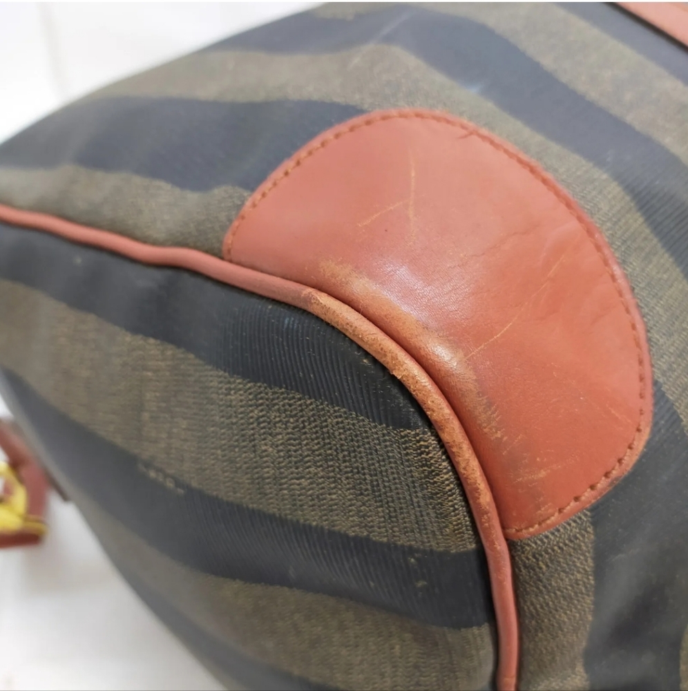 FENDI Pequin Travel Bag Brow Canvas Leather Duffel Bag Carry-on Purse - Picture 7 of 9